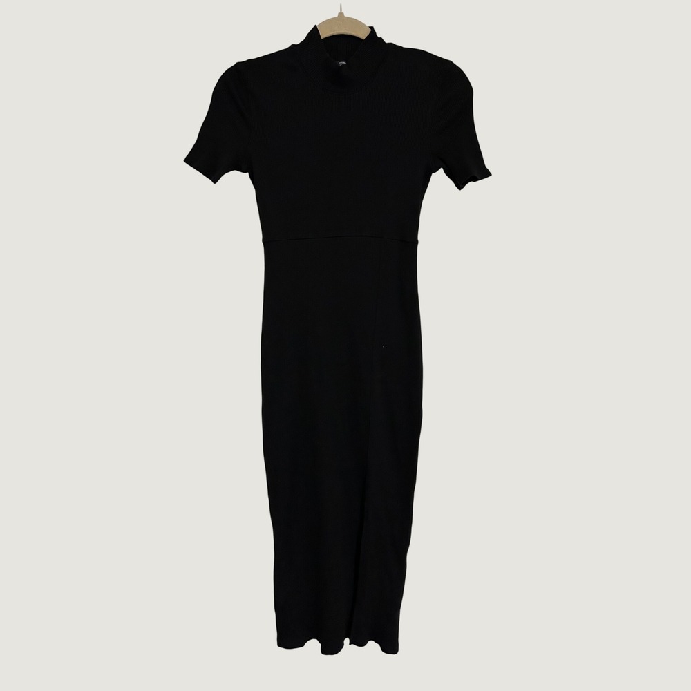 Zara Midi Dress Womens Small Black Excellent Ribbed Mock Neck Side Slit